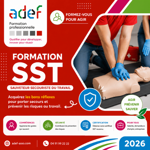 Formation Sauveteur Secouriste du Travail (SST) à l’ADEF : formation initiale et recyclage pour apprendre les gestes de premiers secours et prévenir les risques en entreprise
